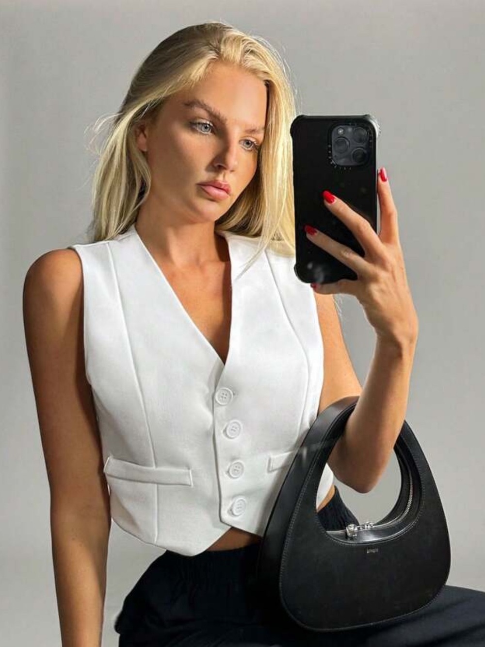 Cropped White Button Vest - Sleek V-Neck Waistcoat